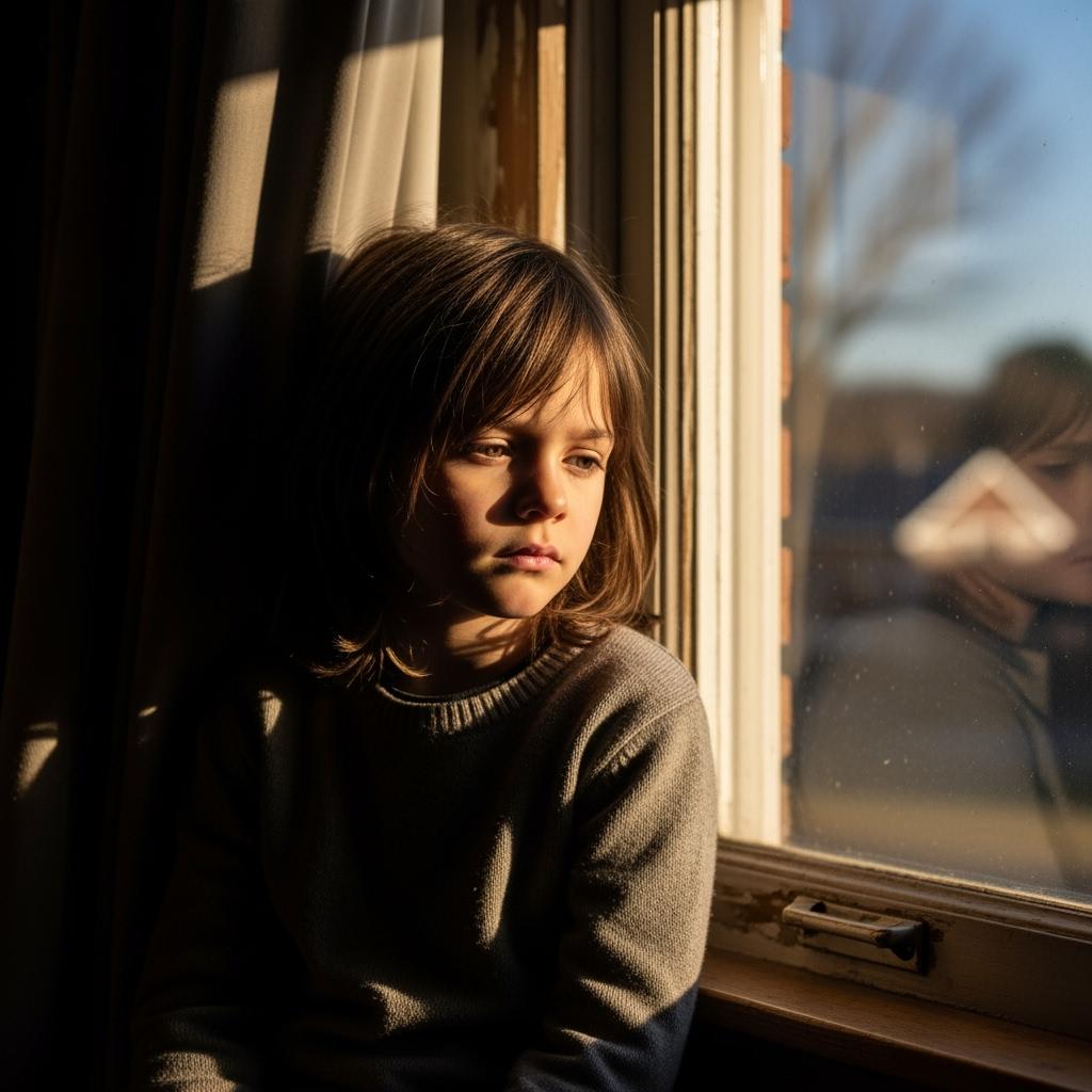 enfant assis seul près d’une fenêtre, lumière douce et contrastée, atmosphère mélancolique