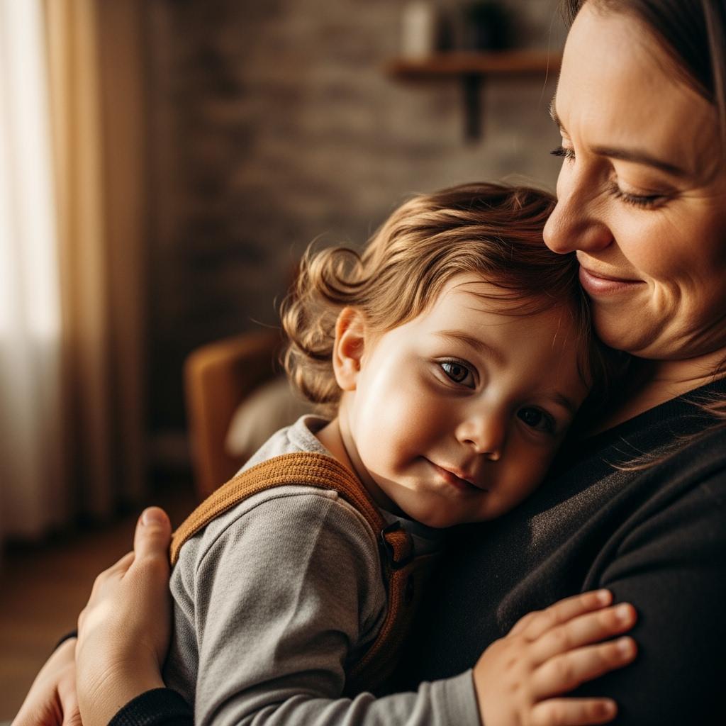 photo of a toddler embraced by a caring parent, warm natural lighting, focus on tender facial expressions, soft shadows