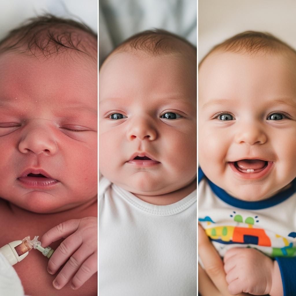 Montage en 3 photos montrant le même bébé : à la naissance (peau rouge et gonflée), à 1 mois (traits adoucis), à 6 mois (sourire éclatant et visage épanoui), style reportage photographique.