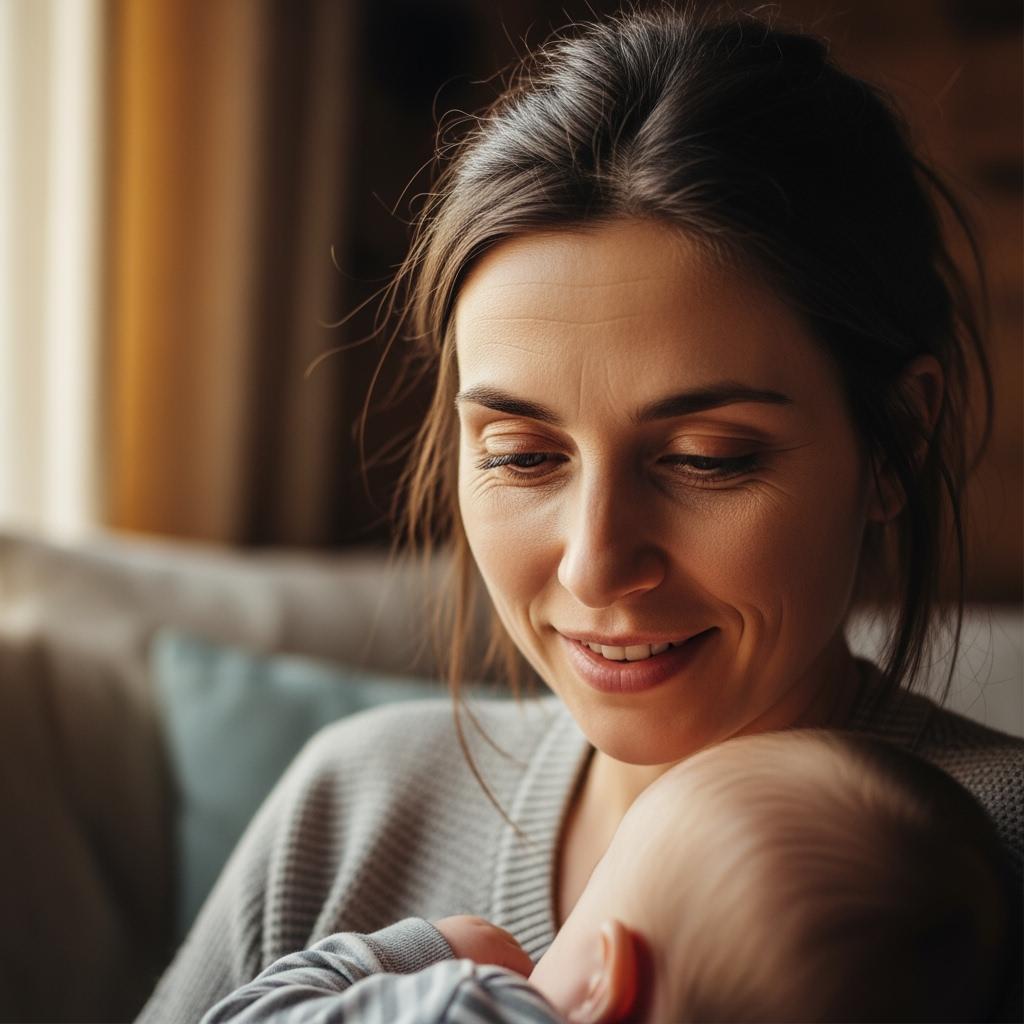Photo d’une jeune maman fatiguée mais souriante, regardant son bébé avec amour, ambiance cocooning, lumière naturelle en intérieur.