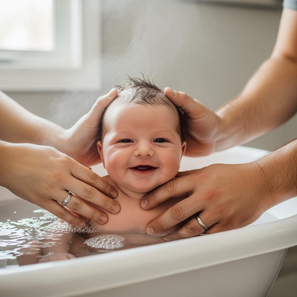 Hyper-realistic photo of a newborn baby smiling in a small baby bathtub, water filled to safe level, warm steam in the room, natural daylight through a bathroom window, soft neutral tones, cozy atmosphere, parents’ hands gently holding the baby’s head and shoulders, focus on baby’s calm and comfort, shallow depth of field, 8K detail.