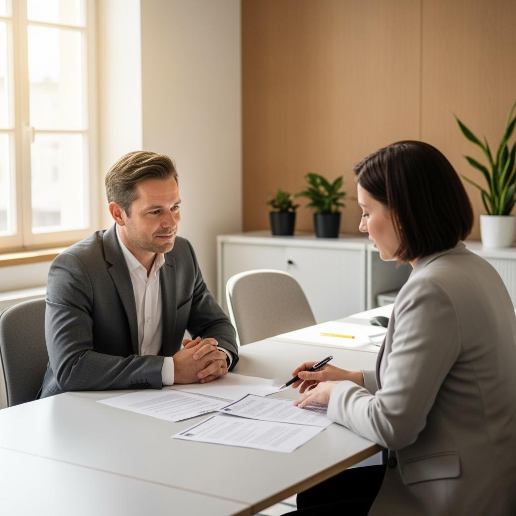 French public servant in a calm office, seated across a human resources officer, discussing paperwork. Natural light