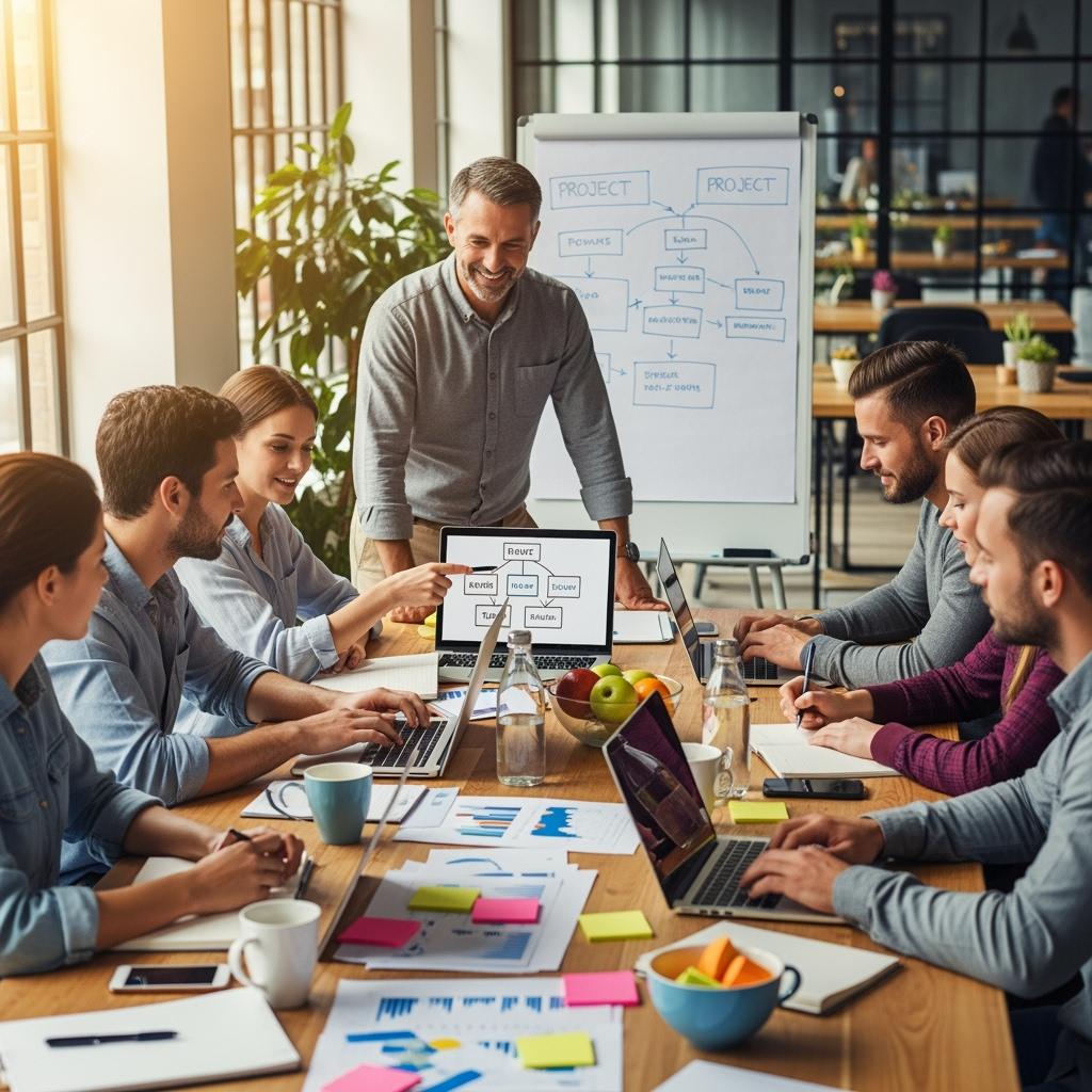 Photographie réaliste d’un groupe d’adultes autour d’une table, travaillant en équipe sur un projet, documents et ordinateurs portables ouverts, formateur accompagnant en posture bienveillante, ambiance dynamique et conviviale.