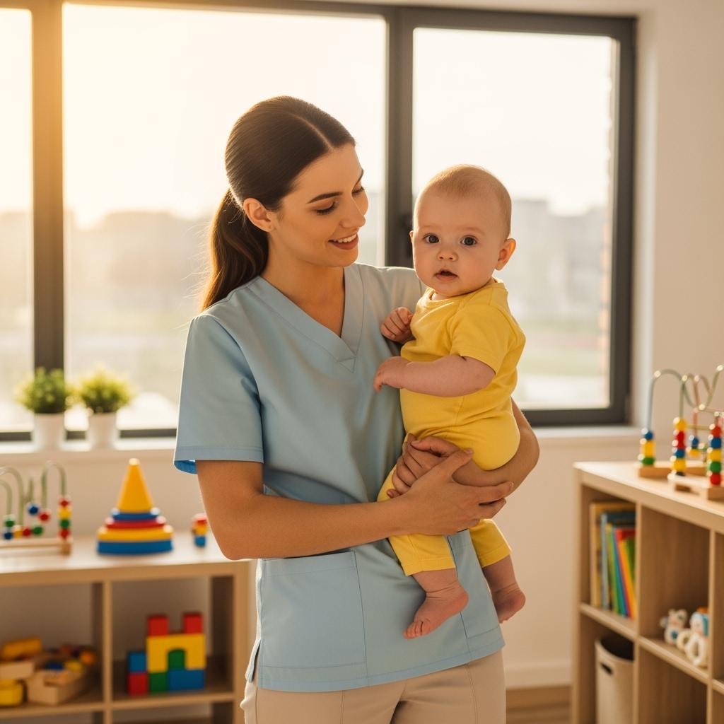 Hyper-realistic photo of a young female childcare worker wearing a pastel uniform, gently holding a 6-month-old baby in a modern, sunlit nursery. Toys and educational materials are neatly arranged in the background. Warm lighting, soft focus on the child’s face, professional and serene atmosphere.