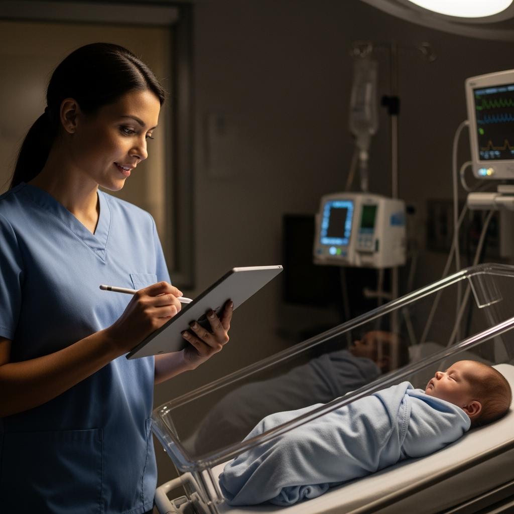 Photo-realistic image of a pediatric nursing assistant noting down observations on a tablet while watching a sleeping infant in a transparent hospital crib. The room is softly lit, clean, and quiet. The assistant looks focused and professional.