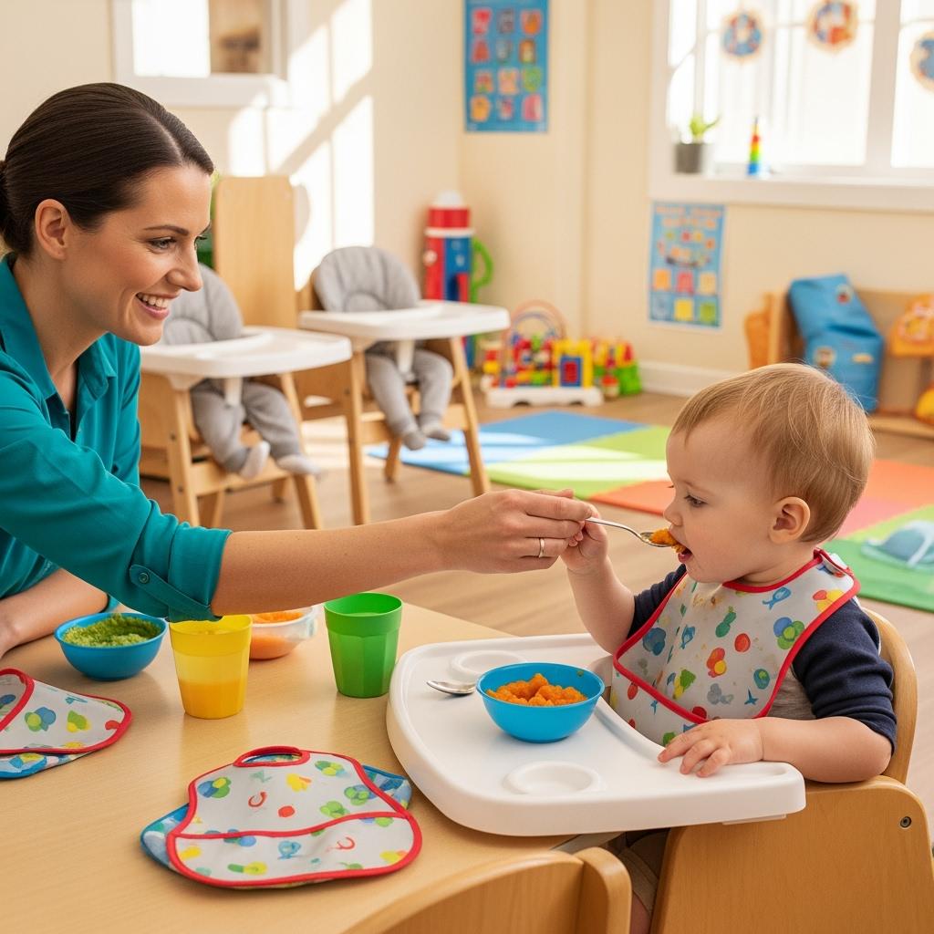 Photorealistic image of a childcare worker helping a toddler eat with a spoon at a small table in a colorful daycare setting. High chairs, bibs, bowls of purée, and juice cups on the table. The adult is smiling and encouraging the child. Warm, family-friendly environment.