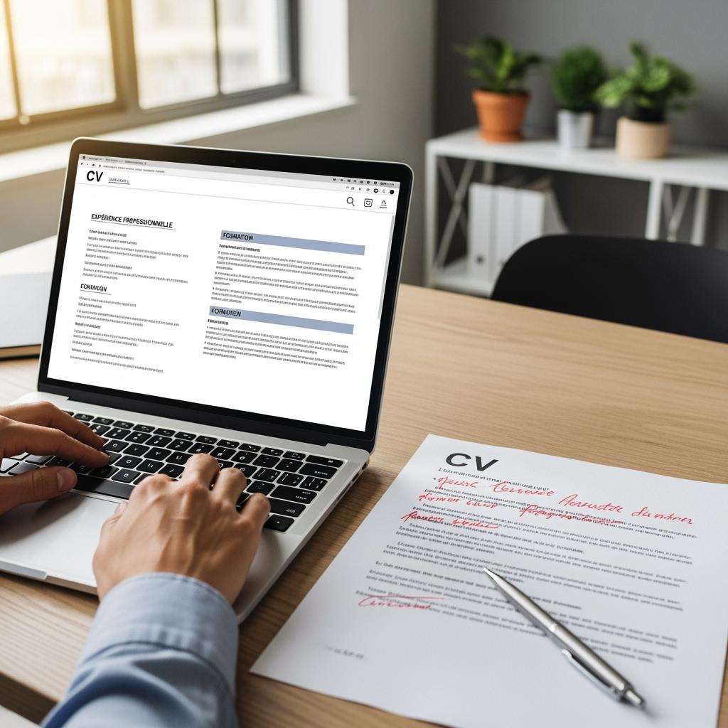 A hyper-realistic close-up of hands typing a CV on a laptop, with a printed CV draft and a pen on the desk. Professional, bright office setting, minimalist aesthetic.