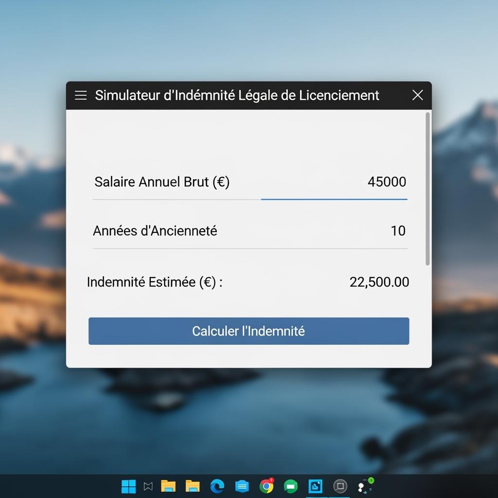 Screenshot-style image showing a realistic French indemnity simulator on a computer screen, clear fields for salary and years of service, official look, desktop environment.