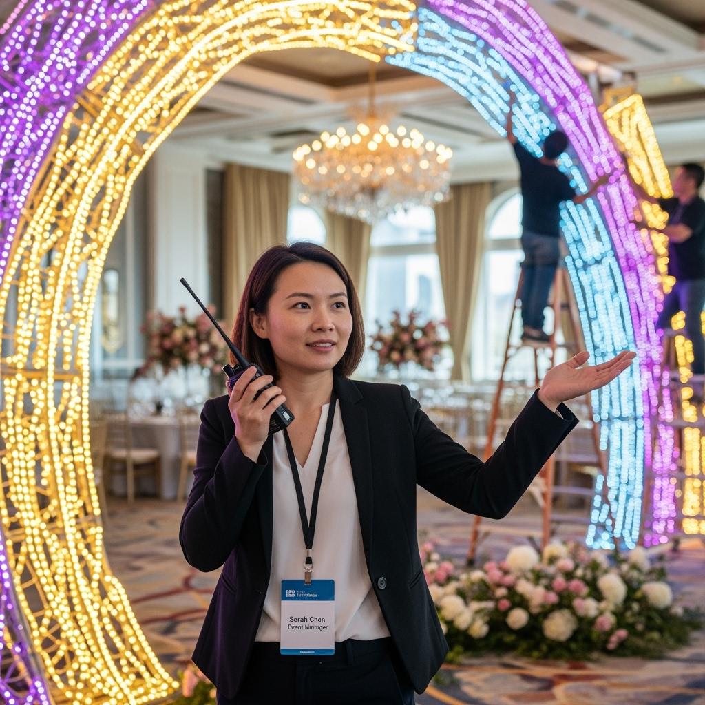 Femme chef de projet événementiel sur un lieu de réception, avec talkie-walkie, badge pro, en train de superviser l’installation d’un décor lumineux, ambiance dynamique et professionnelle