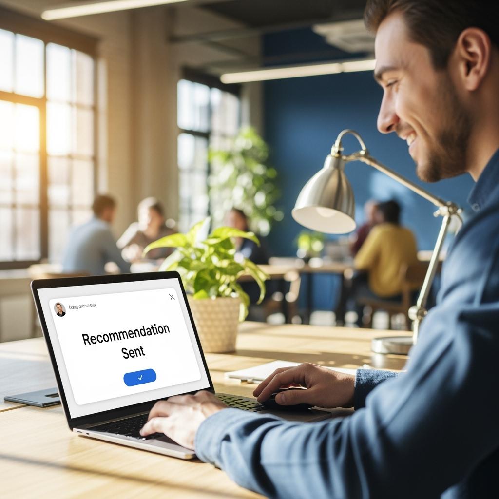 image of a young professional sitting at a laptop, smiling while sending a job recommendation online. Bright modern office background, natural daylight, warm colors, friendly atmosphere, focus on the computer screen with “recommendation sent” notification
