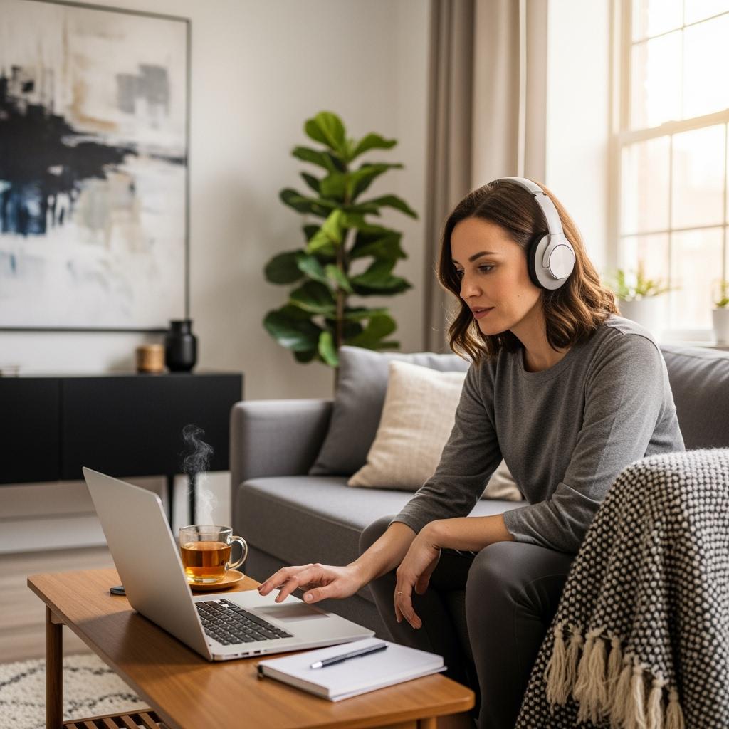 Image hyperréaliste d’une femme adulte suivant une formation en visioconférence depuis son salon moderne, casque sur les oreilles, ordinateur portable allumé, ambiance studieuse et chaleureuse.