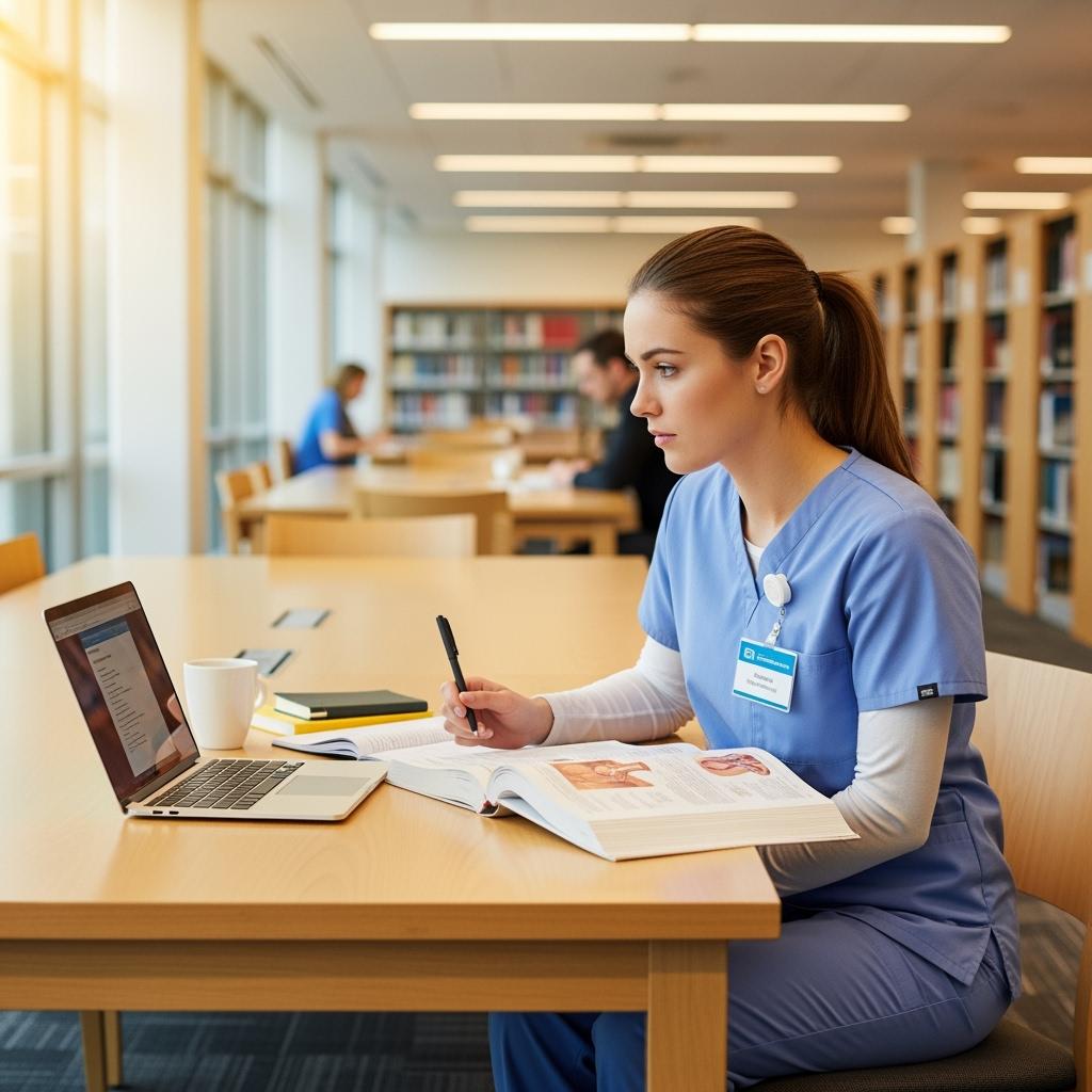 Étudiante aide-soignante en blouse, assise dans une bibliothèque moderne,