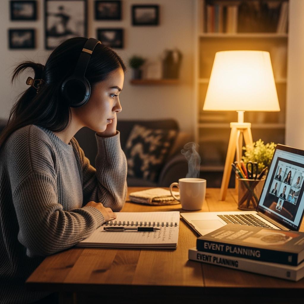 Jeune femme adulte suivant une formation en événementiel à distance chez elle, assise à un bureau avec casque audio, ordinateur portable, carnet de notes, ambiance chaleureuse et concentrée.