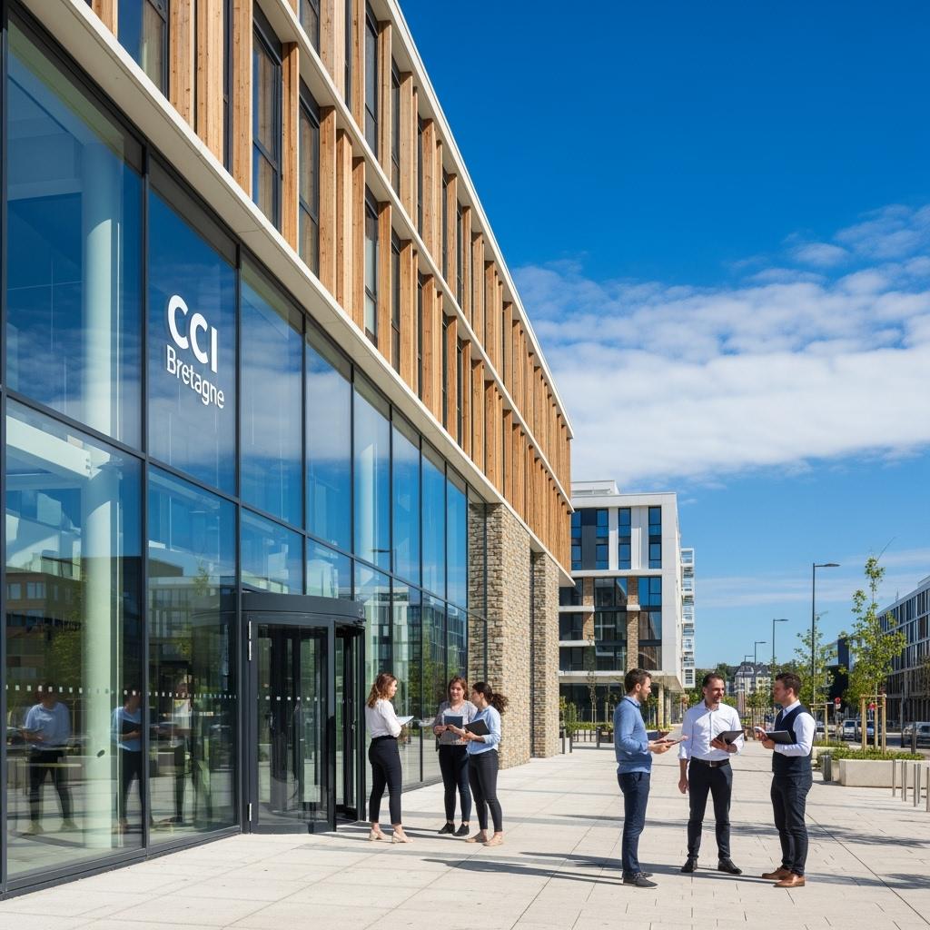 Image réaliste d’un bâtiment moderne de centre de formation à Rennes (style CCI Bretagne), avec des étudiants adultes discutant à l’extérieur, atmosphère professionnelle, ciel clair breton.