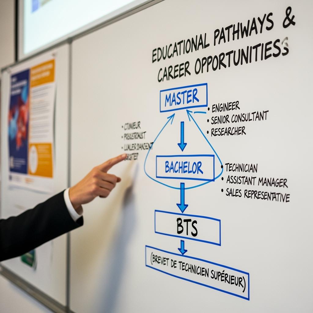 Main pointant vers un tableau blanc ou écran avec schéma des différents niveaux de formation (BTS, Bachelor, Master) et débouchés, dans un cadre éducatif.