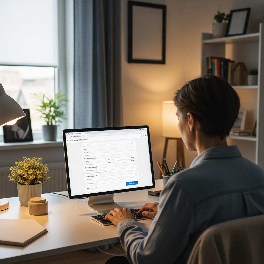 Un étudiant ou adulte en reconversion, concentré devant un écran d’ordinateur, remplissant un formulaire administratif en ligne dans un environnement calme (chambre ou bureau).