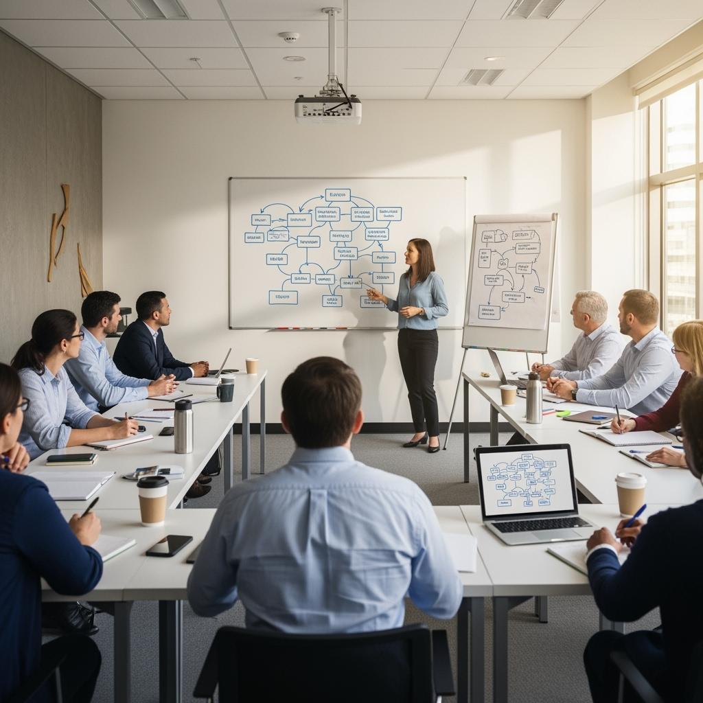 « Photographie hyperréaliste d’un groupe d’adultes en salle de formation moderne, diversité d’âges et de profils, assis autour de tables, avec un formateur qui explique un schéma sur un tableau blanc. Lumière naturelle, ambiance studieuse et chaleureuse. »