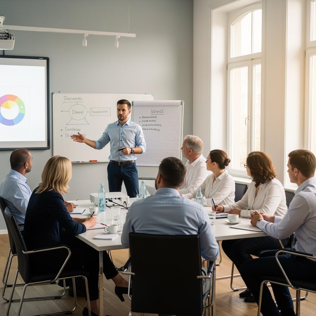Photographie hyperréaliste d’un formateur professionnel en salle, expliquant devant un petit groupe d’adultes attentifs, avec un vidéoprojecteur et un tableau blanc en arrière-plan, ambiance chaleureuse, lumière naturelle venant des fenêtres.