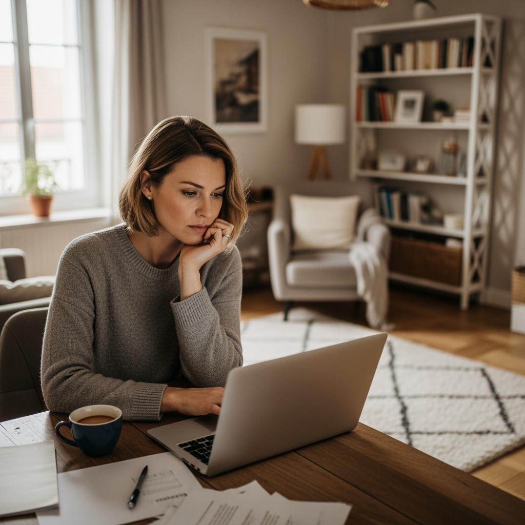 Thoughtful 40-year-old French woman sitting at home with a laptop, reviewing job offers, coffee cup nearby, cozy but neutral decor, career transition theme, natural lighting.