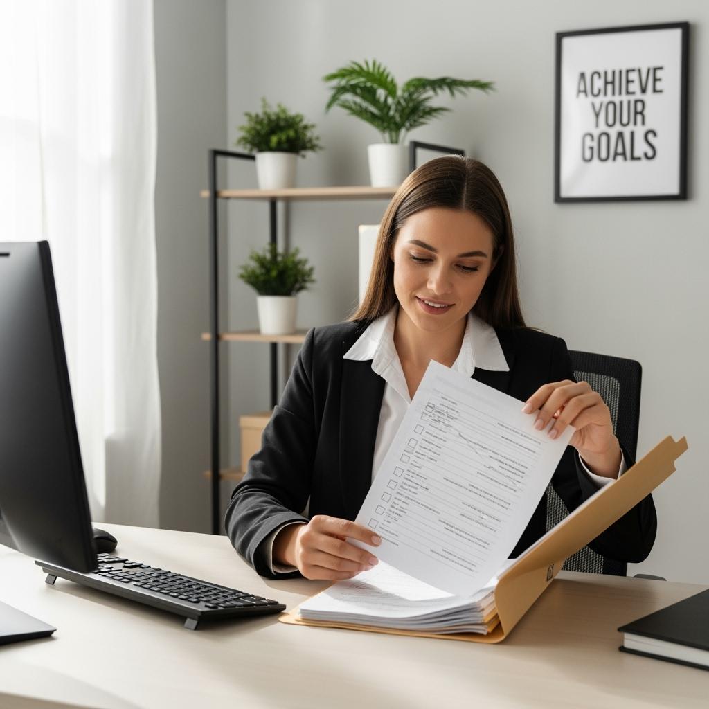 Une secrétaire ou personnel d’établissement éducatif feuilletant un dossier papier avec une liste de vérification, dans un bureau accueillant, décor simple et professionnel.