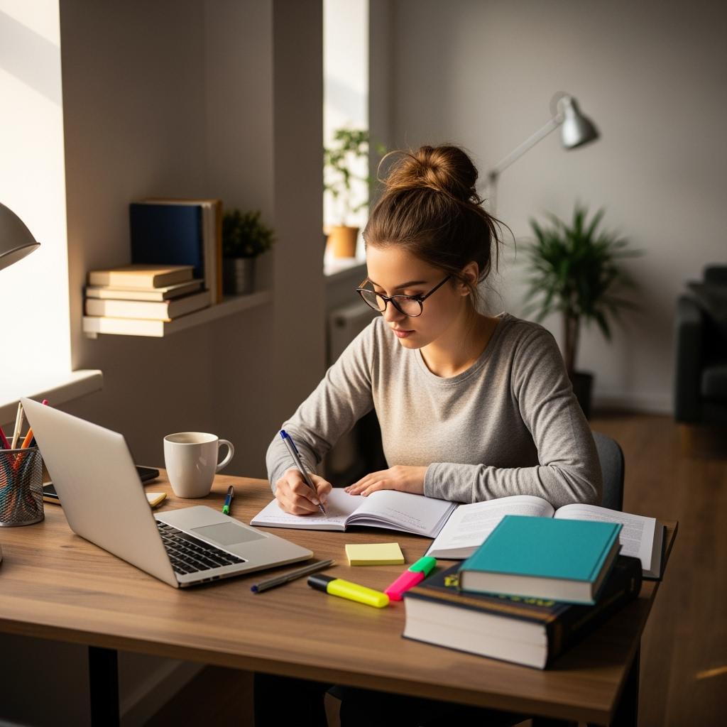 A hyper-realistic photo of a young student sitting at a desk, surrounded by books and a laptop, creating a retro-planning on a notebook. Warm natural light, modern student room, focused expression.
