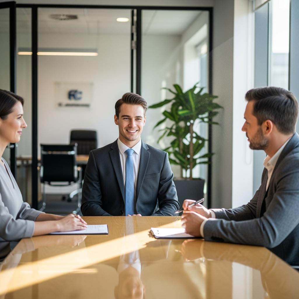 A hyper-realistic photo of a job interview scene: a young candidate smiling confidently, dressed professionally, sitting across from two recruiters in a modern office. Natural light, serious but welcoming mood.