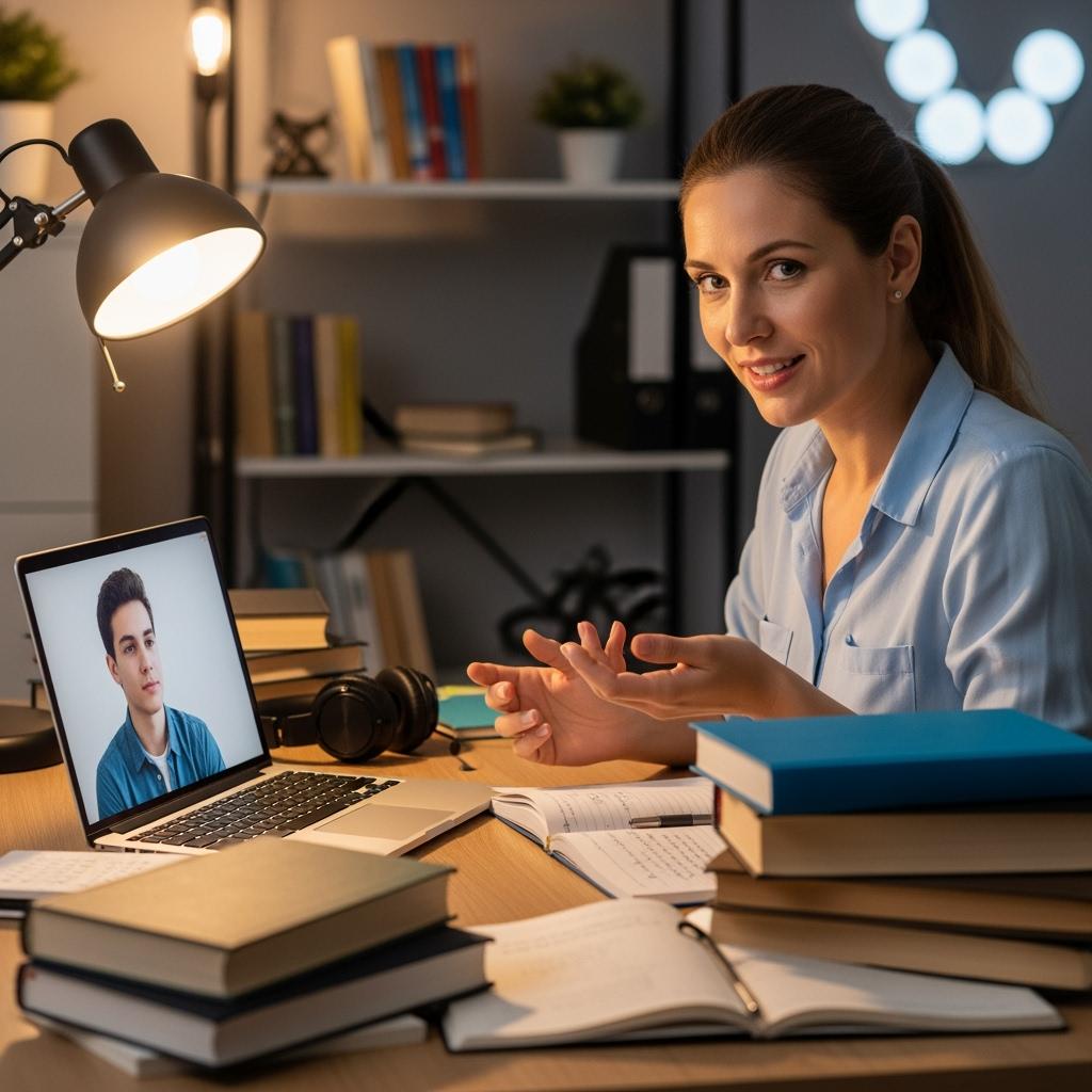Hyper-realistic image of a tutor teaching online via video call. The laptop screen shows a student on the other side. Cozy home office setup with books, notes, and headphones. Warm lighting, realistic human expressions, friendly and professional atmosphere.