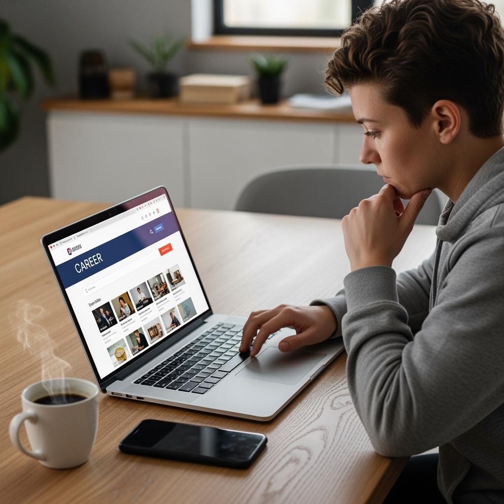 A hyper-realistic photo of a young adult browsing job offers on a laptop screen, open on a career website. Smartphone and coffee on the side, casual but determined atmosphere.