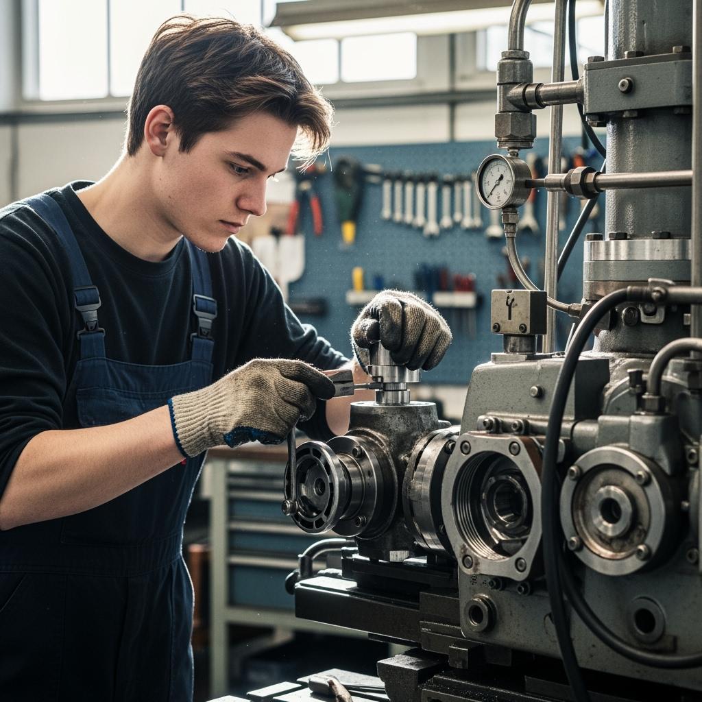 « Photographie hyperréaliste d’un apprenti adulte en atelier mécanique, portant un bleu de travail et des gants, concentré sur une machine industrielle. »