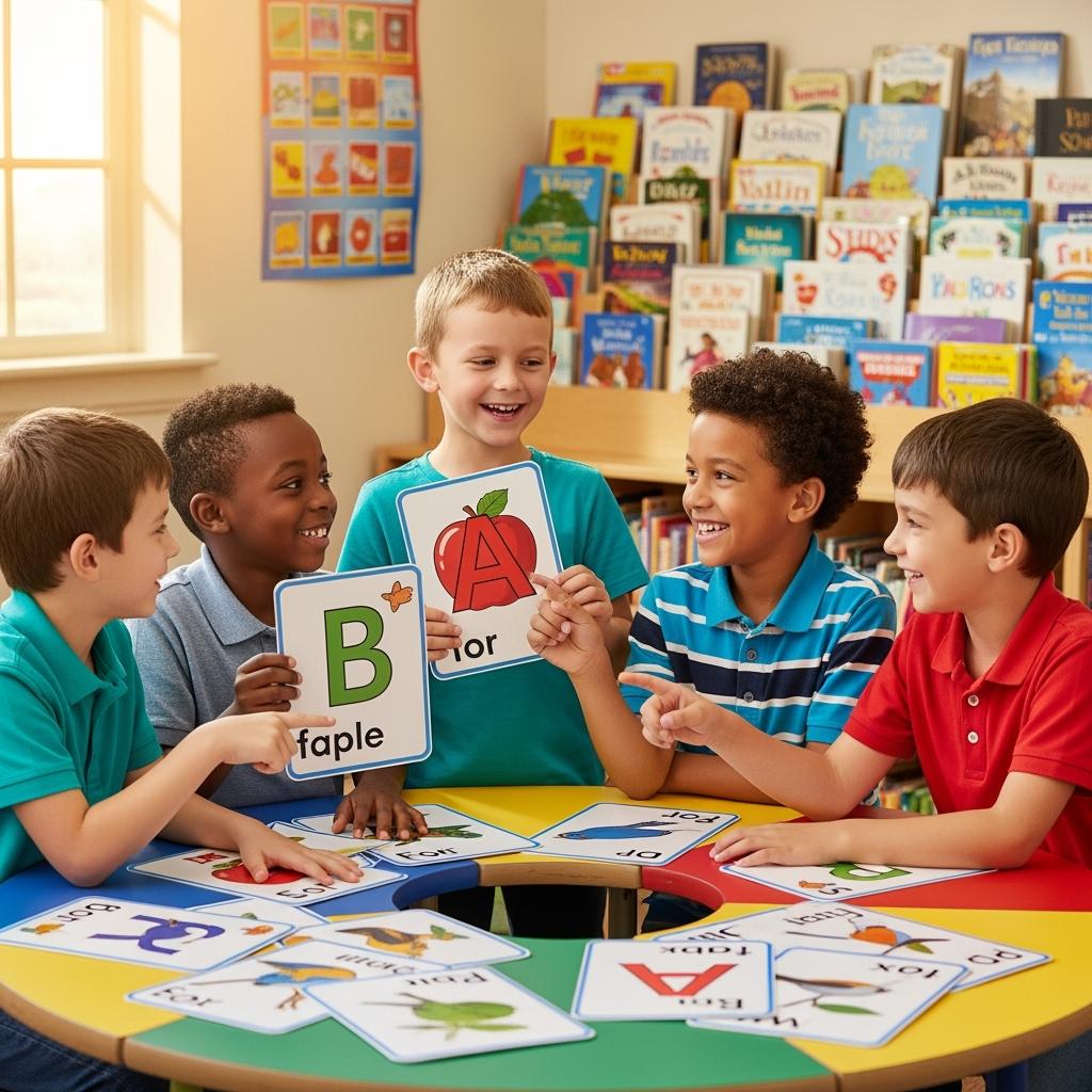enfants de CP en petit groupe autour d’une table, jouant avec des cartes éducatives représentant des lettres et des images. Les enfants rient et collaborent.