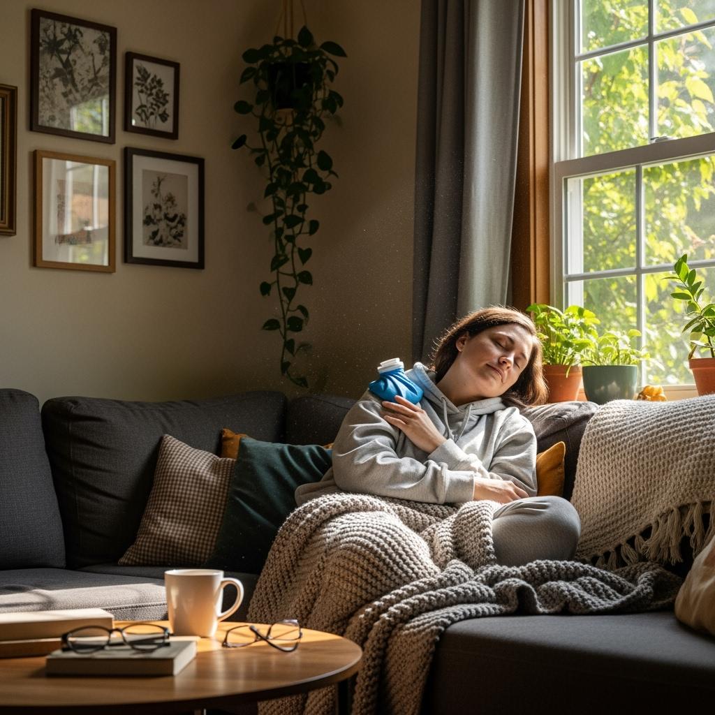 Adult resting at home on a sofa, with a cold compress on the shoulder, cozy living room, daylight from window, wearing comfortable clothes, peaceful expression, hyper realistic photography
