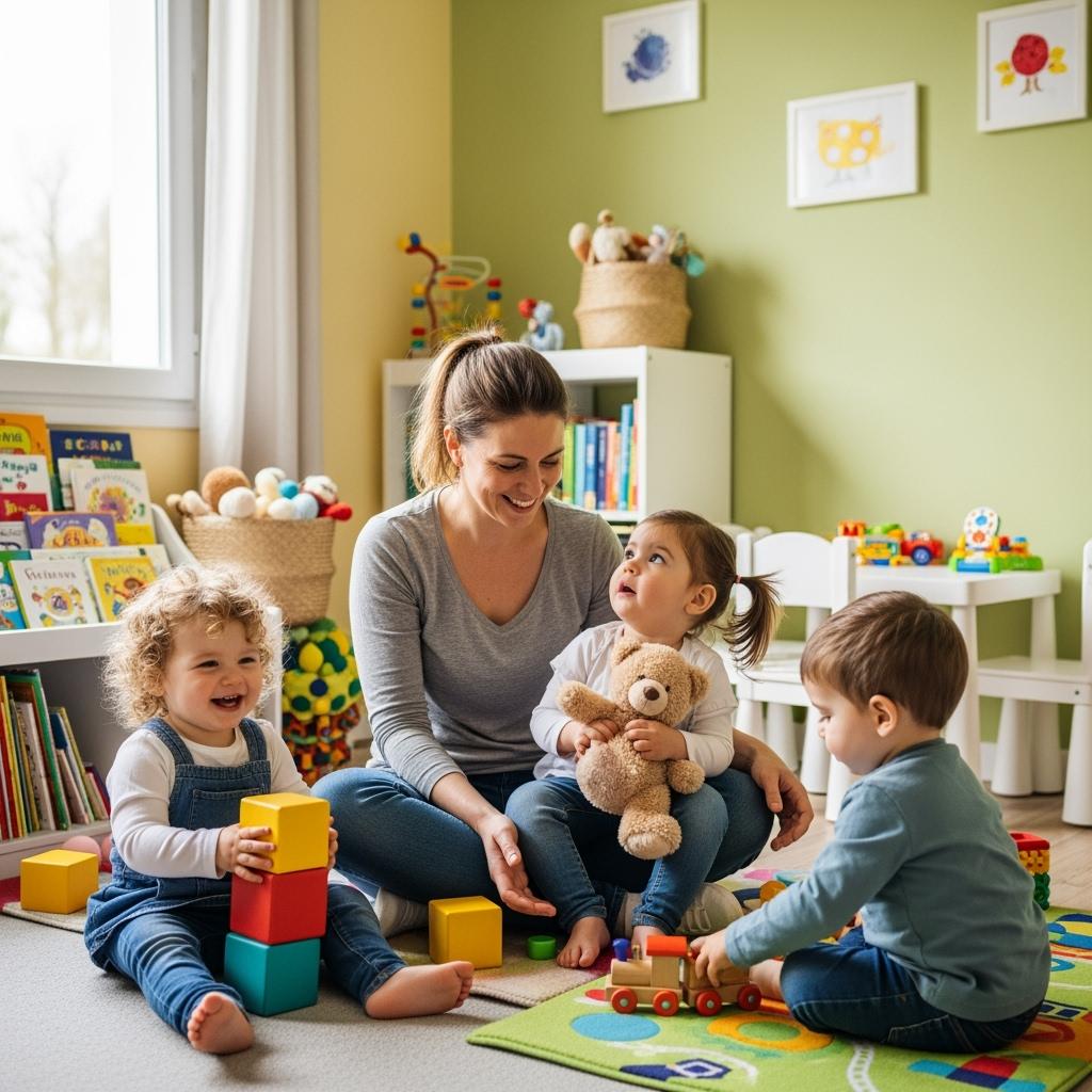 A French childminder playing with toddlers in a cozy and safe home nursery, toys around, colorful and warm environment, smiling