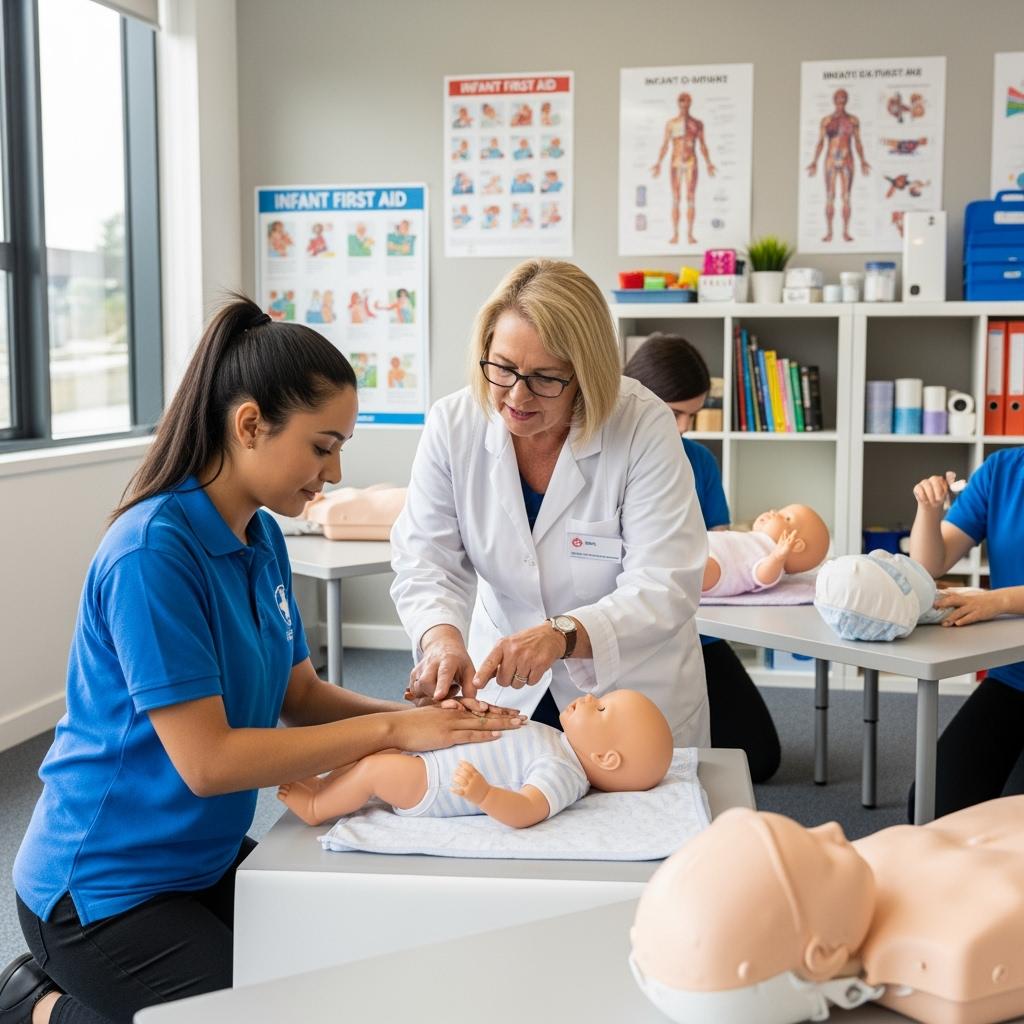 A childcare trainee practicing with baby dolls, learning first aid techniques for infants, safe and modern classroom, learning materials visible, trainer guiding her
