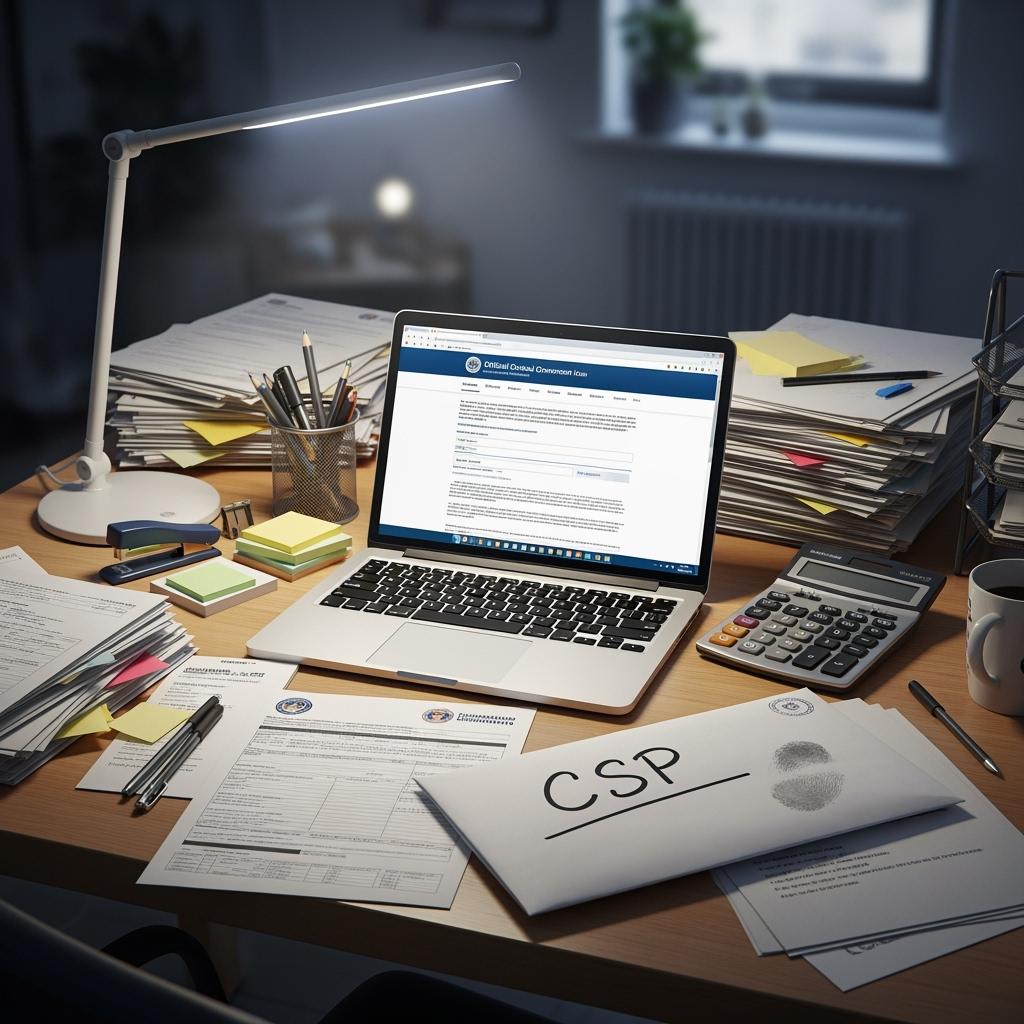 Un bureau encombré de papiers administratifs, un ordinateur portable ouvert sur un site officiel, une calculatrice et une enveloppe marquée « CSP ». Lumière blanche de bureau