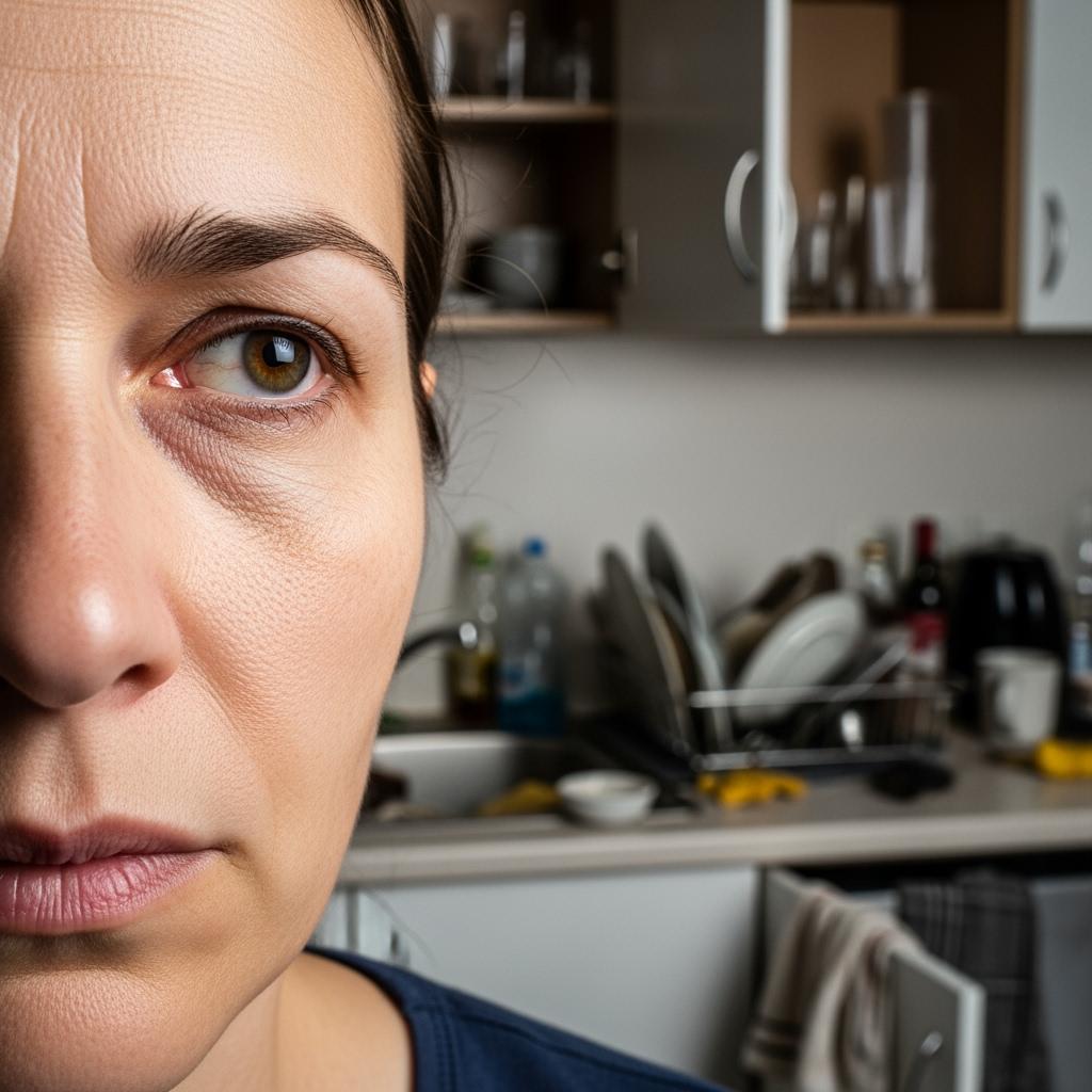 parent's stressed face, visible under-eye circles, tense expression, kitchen in background with clutter