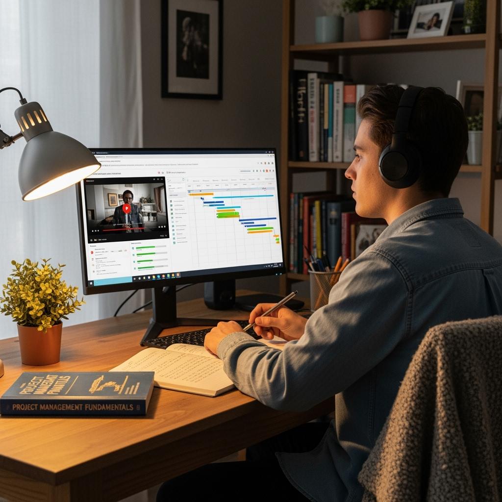 photo of a young adult learning project management online at home, sitting at a desk with a large screen showing a course interface, headphones on, focused expression, cozy home office setup