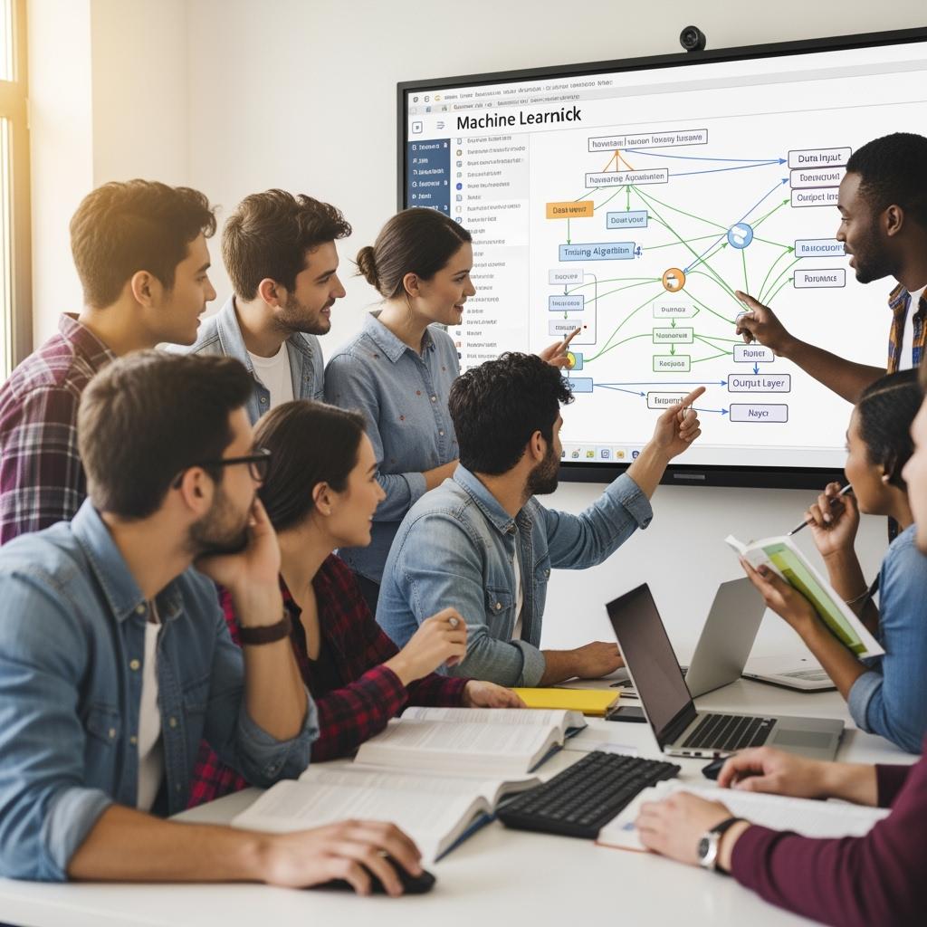 groupe d’étudiants autour d’un grand écran affichant un schéma de machine learning, ambiance dynamique et motivante