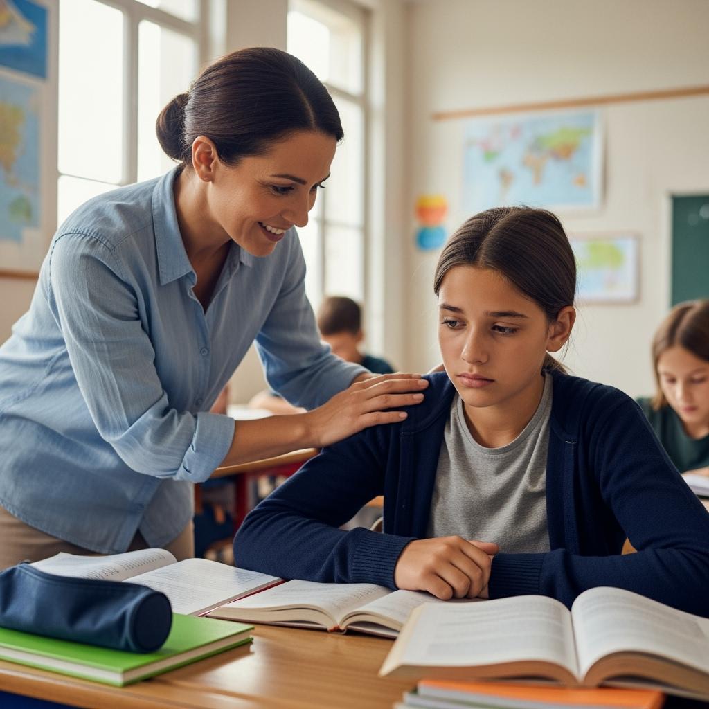 upportive teacher encouraging a student who looks demotivated, classroom setting in France, student aged around 12 years old, sitting at a desk with school books and notebooks, teacher smiling gently, warm atmosphere