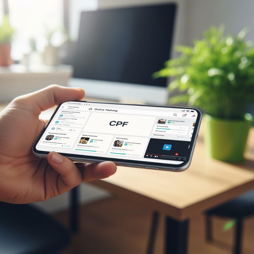 main tenant un smartphone affichant une plateforme de formation CPF, fond flou de bureau moderne avec plante verte, lumière douce naturelle
