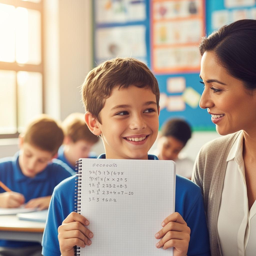 student proudly showing a completed exercise to teacher, smiling faces, feeling of achievement, school environment, soft focus background