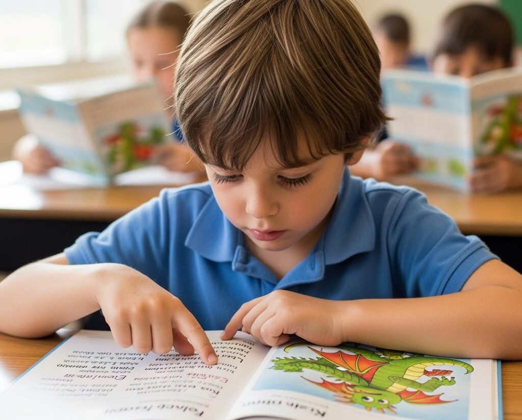 élève de CP, environ 6 ans, assis à son bureau, concentré sur un livre d’apprentissage de la lecture illustré. L’enfant suit chaque mot avec son doigt. Lumière naturelle venant d’une fenêtre, arrière-plan flou montrant d’autres élèves qui lisent aussi.