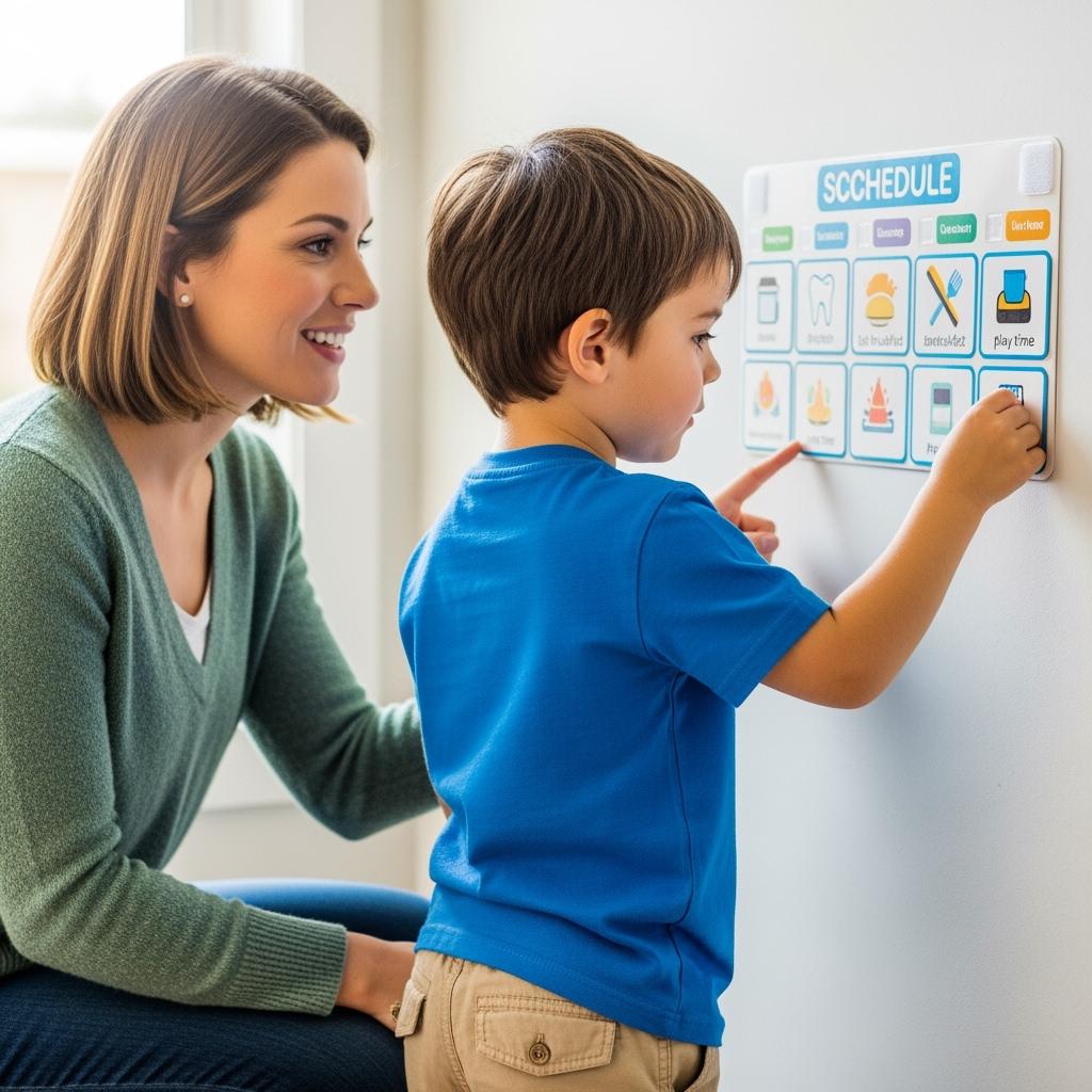 child following a visual schedule on a wall with a smiling parent guiding.