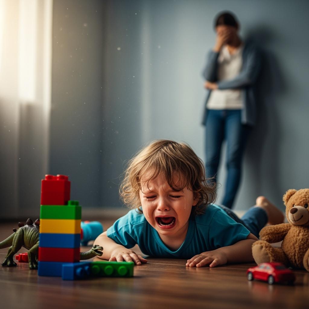 A child mid-meltdown on the floor, crying, with toys scattered around. A parent in the background, emotionally overwhelmed, leaning on a wal