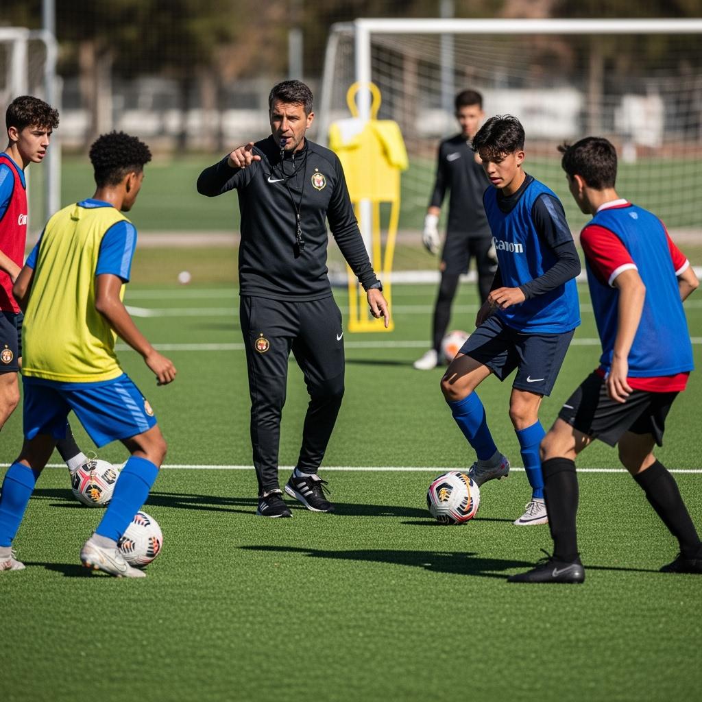 entraînement intensif de jeunes footballeurs (13-17 ans) sur un terrain synthétique, coach en survêtement donnant des consignes, joueurs en action avec ballon, couleurs vives