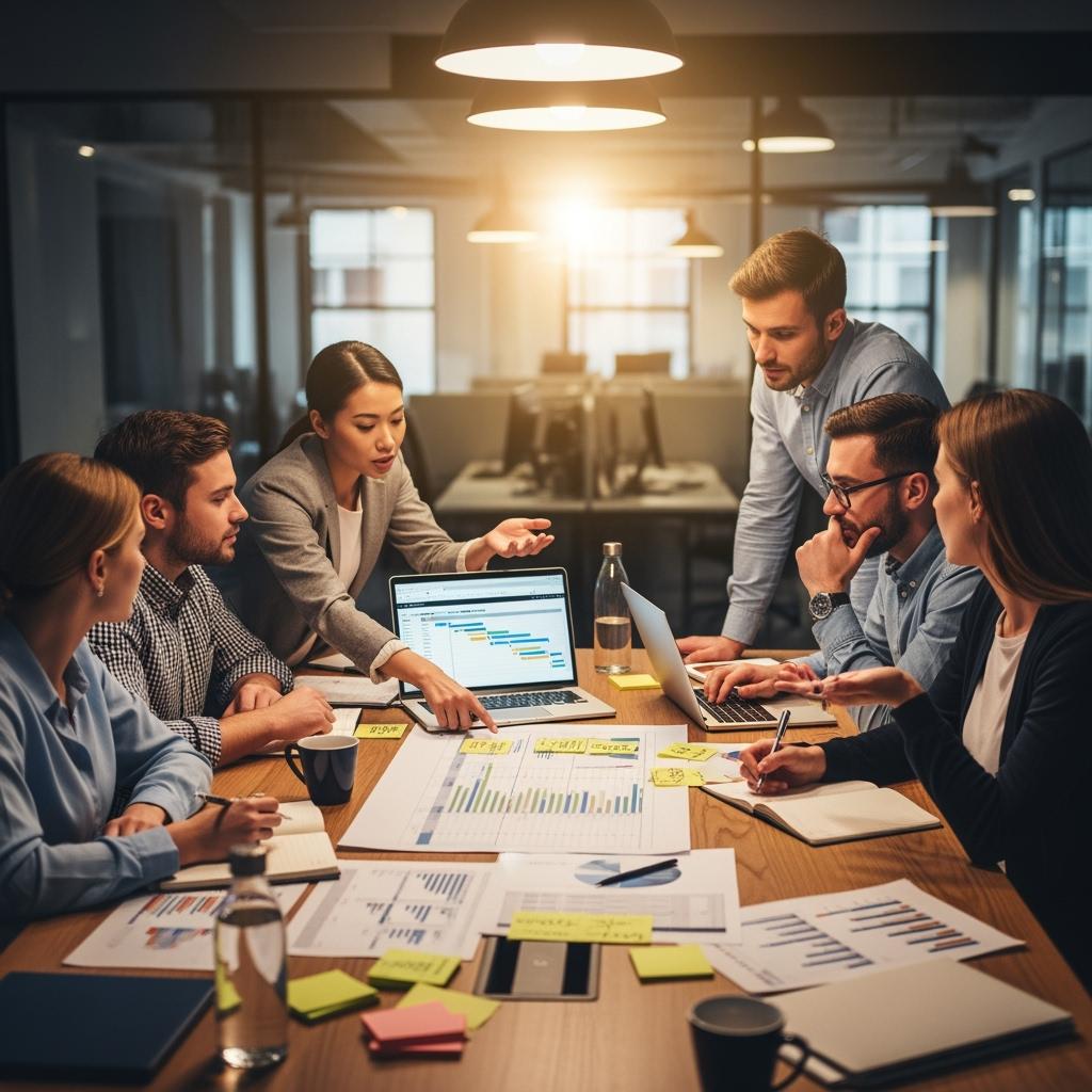 photo of a team collaborating around a project plan on a large table, with documents, laptops, and sticky notes, professional attire, warm lighting, brainstorming energy