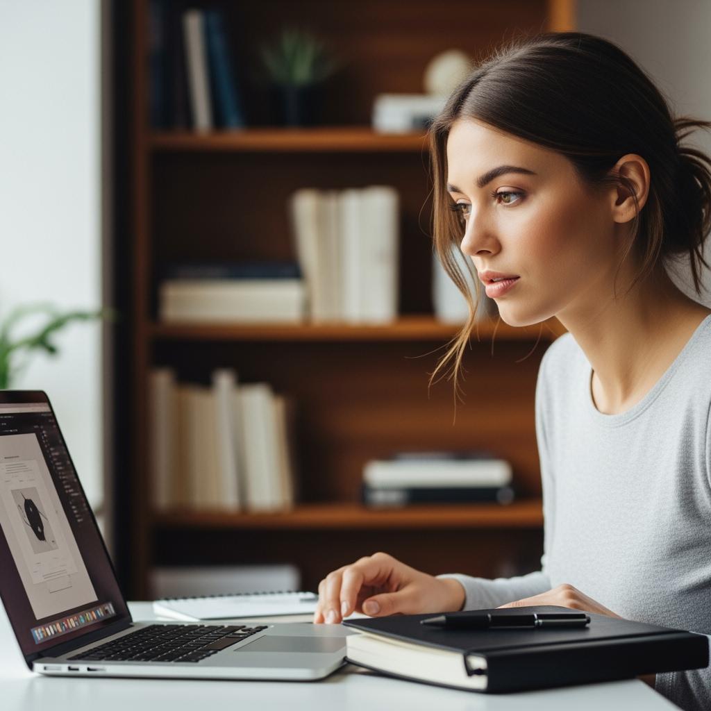 femme concentrée devant un ordinateur portable, carnet et stylo à côté, fond flou avec étagère de livres, ambiance professionnelle moderne