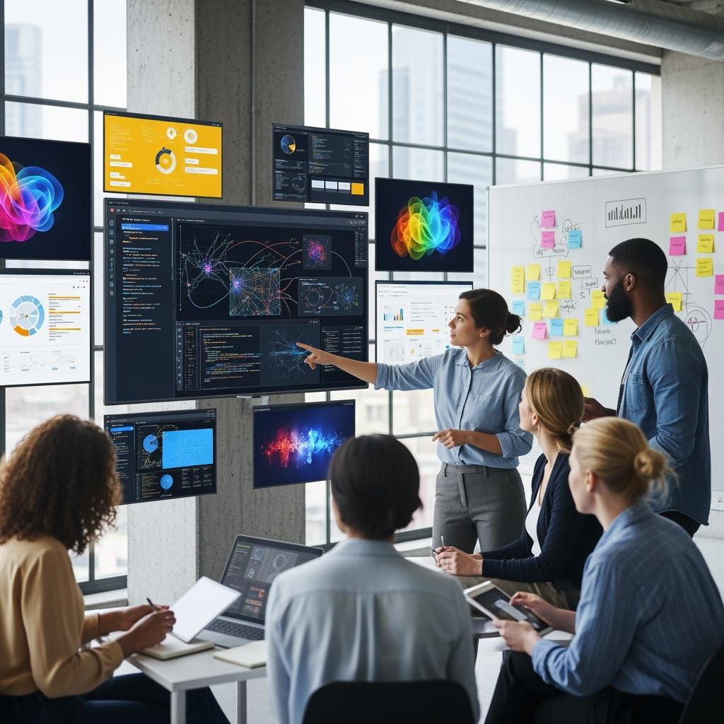 groupe de jeunes actifs en formation autour d’un formateur expliquant un écran affichant une intelligence artificielle, ambiance collaborative, salle moderne avec écrans et post-its colorés, style startup