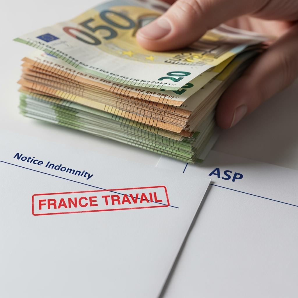 ne main compte des billets d’euro devant deux enveloppes : l’une marquée « Indemnité préavis », l’autre « ASP ». L’enveloppe préavis est barrée d’un tampon rouge « France Travail 
