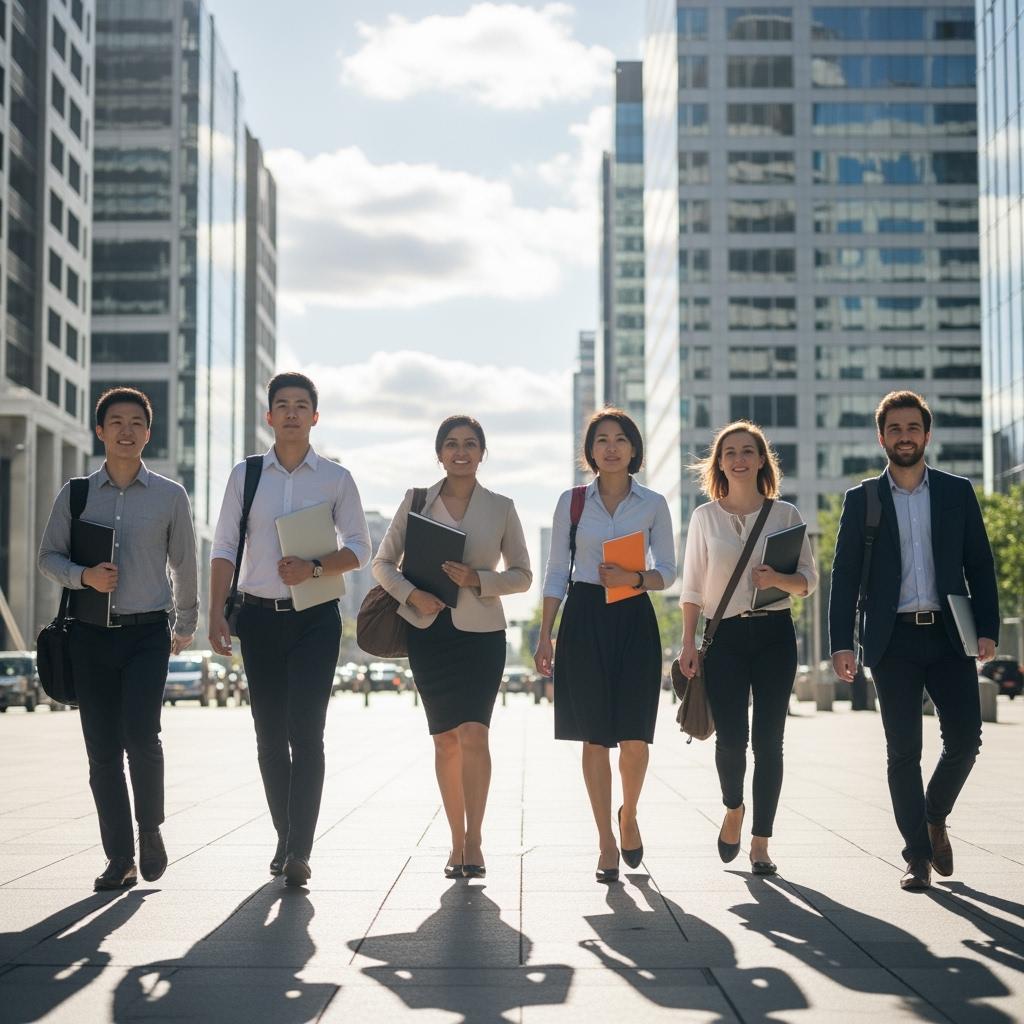A hyper-realistic group of young students and young professionals, multi-ethnic, walking confidently in a modern city business district, carrying laptops and notebooks. Bright daylight, symbolizing entry into the professional world.