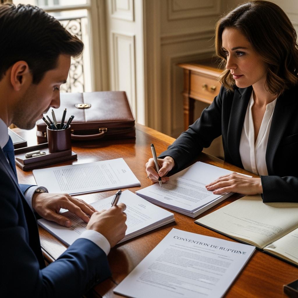 Close-up of a man and a woman signing an agreement on a wooden desk, formal setting, official documents labeled "Convention de rupture", French office